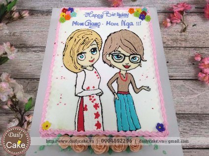 Bánh kem vẽ hình chibi sinh nhật hai bạn gái