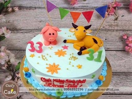 Bánh sinh nhật fondant hình trâu và lợn