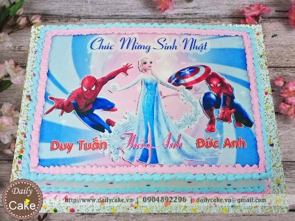 Bánh sinh nhật in ảnh siêu nhân nhện và công chúa elsa 001