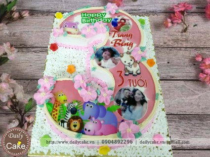 Bánh sinh nhật hình số 3 in ảnh bé gái và các loài vật ngộ nghĩnh