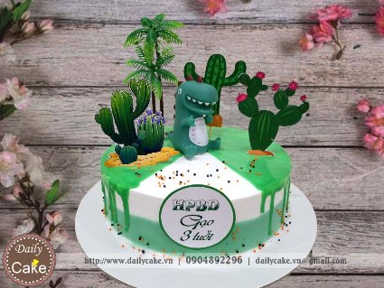 Bánh gato gắn hình khủng long xanh ngộ nghĩnh đáng yêu