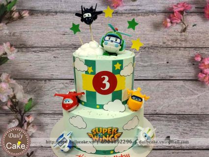 Bánh gato 2 tầng trang trí mô hình đội bay siêu đẳng Super Wings