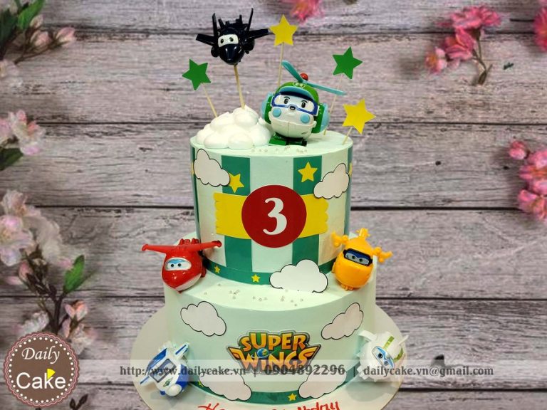 Bánh gato 2 tầng trang trí mô hình đội bay siêu đẳng Super Wings