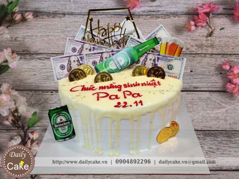 Bánh gato trang trí bia ken tiền vàng đô la