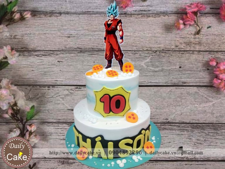 Bánh fondant sinh nhật 2 tầng hình Songoku 7 viên ngọc rồng